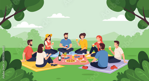 Diverse group of friends enjoying a sunny day outdoors with a picnic on the grass featuring food, drinks, and pleasant conversation in a park.