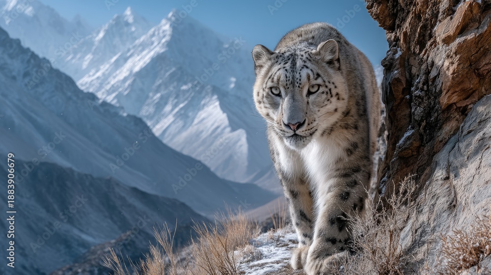 Fototapeta premium Snow leopard walking on a rocky cliff edge, camouflaged with the snowy mountains, intense gaze, rare wildlife sighting 