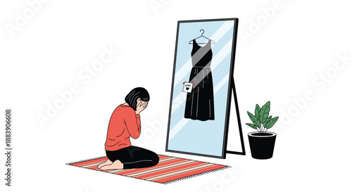 Emotional woman in a red shirt kneeling and crying while looking at a black dress reflected in a large mirror representing grief or loss.
