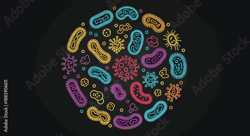 Scientific illustration of various microorganisms including bacteria, viruses, and germs arranged in a circle on a dark charcoal background.