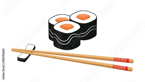 Three pieces of salmon maki sushi resting beside chopsticks and a rest