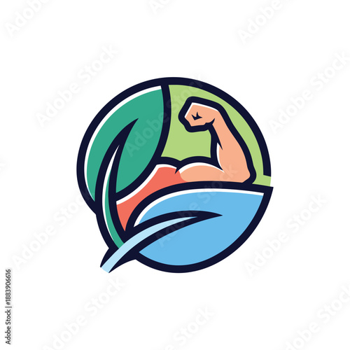 Stylized illustration of a muscular arm inside a circular emblem combining natural elements representing strength and vitality