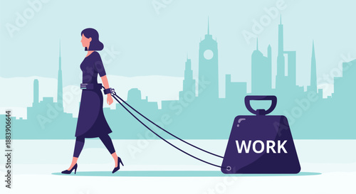 Conceptual illustration of work life balance showing a woman in professional attire pulling a massive heavy weight labeled work behind her.
