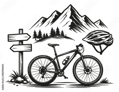 Hand drawn line art mountain biking set featuring a bicycle, helmet, and mountain landscape for outdoor adventure