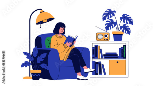 Cozy woman reading a book in a comfortable armchair, illustration, vector art