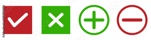 Set of check mark, x mark, plus sign and minus symbol icons in circle shape.
