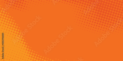 Retro abstract background featuring a gradient from bright orange to deep red-orange. Contrasting large halftone dot patterns on the top left
