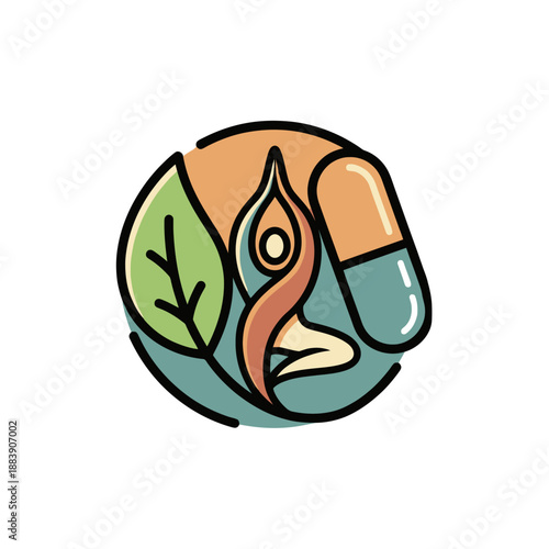 Artistic capsule and leaf illustration representing health and natural remedies in a modern design style