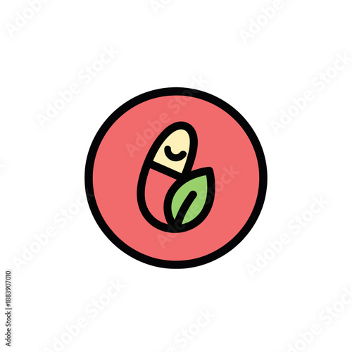 Minimalist illustration of a smiling capsule pill with a leaf inside a pink circle representing health and natural remedies