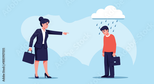 Angry female executive scolding a sad employee who stands under a small rain cloud reflecting depression and workplace stress at work.