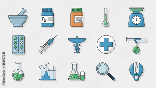 Collection of flat medical and pharmacy icons