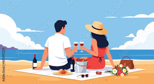 Romantic couple enjoying a wine picnic on a sandy beach with fruit, flowers, and a beautiful ocean view under a clear blue sky with clouds.