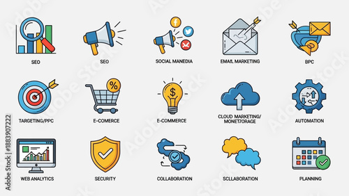 Collection of digital marketing and business strategy icons