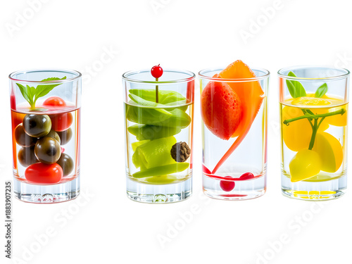 A cold red strawberry alcohol cocktail with fresh lemon and lime fruit served over ice in a glass makes a sweet isolated refreshment