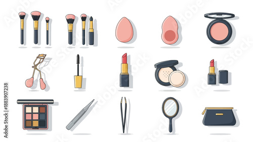 Collection of cosmetic products and tools for makeup application