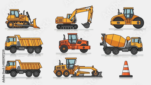 Set of colorful construction vehicles and equipment