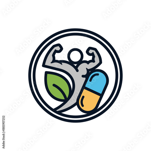 Eco-friendly vitamin supplement icon combining a muscular bicep leaf and capsule illustrating health and sustainability theme