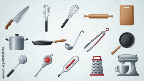 Collection of cooking and kitchen utensils on a light background.