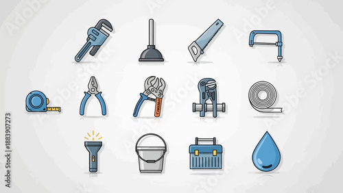 Collection of flat design plumbing and repair tools.