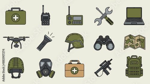 Collection of military and survival gear icons in flat design