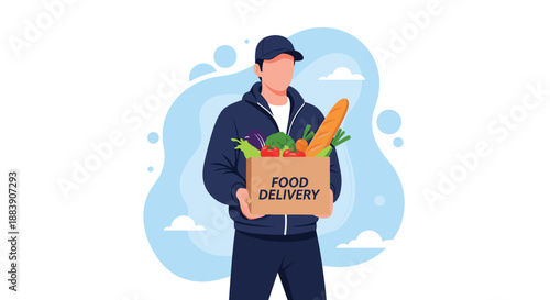 Delivery worker wearing a uniform and cap holding a cardboard box filled with fresh vegetables and bread for a home food delivery service.