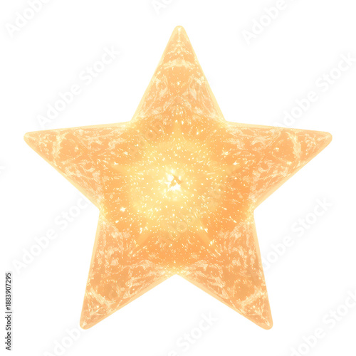 Shiny golden star christmas decoration and festive gold ornament object with glitter shine isolated on a white background for seasonal winter holiday decor