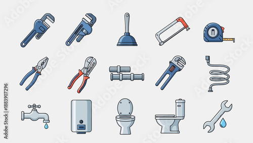 Essential plumbing tools and bathroom fixtures in a modern flat design style.