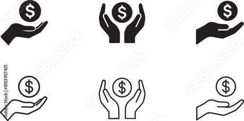 Set of outline and bold money in hand icons in silhouette style for finance, payment and UI use.