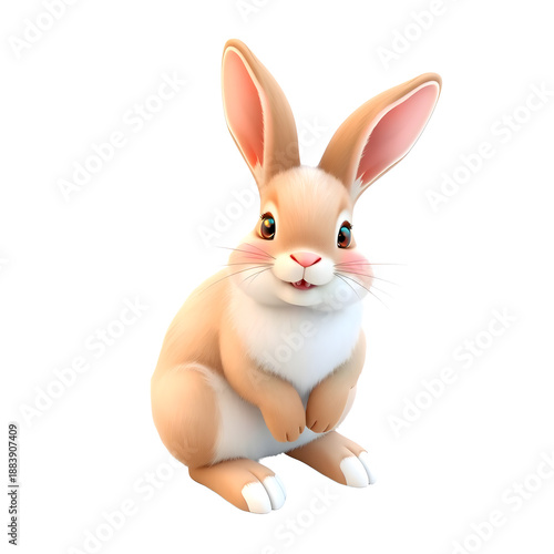 A cute cartoon vector illustration of a happy white baby bunny with pink ears and a colorful Easter egg for a fun spring holiday card