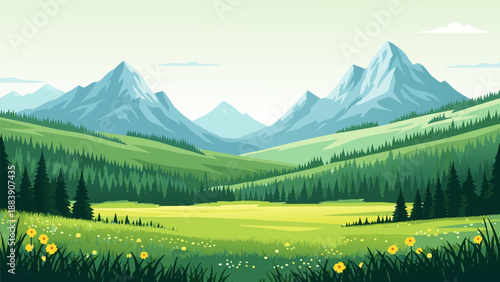 Beautiful serene mountain landscape in a scenic vector illustration with rolling green hills and a clear blue sky, perfect for nature-themed designs
