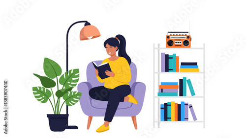 Cozy Reading Nook Vector Illustration of a Woman Relaxing with a Book in a Comfortable Chair by a Plant and Bookshelf