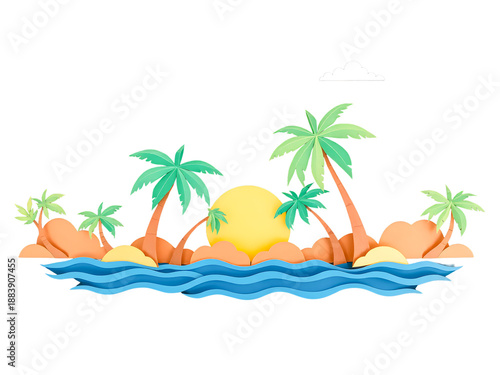  a tropical beach on a paradise island with palm trees, a sunset sky over the ocean waves, and a summer vacation landscape on a white background.