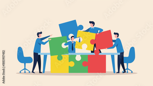 Business Team Collaborating on Puzzle Pieces for Solution