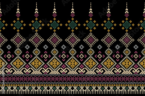 Cross Stitch Geometric ethnic patterns. Design for Saree, Patola, Sari, Dupatta, dupatta, Clothing, fabric, batik, Knitwear, Embroidery, Pixel ethnic pattern. Traditional Design.