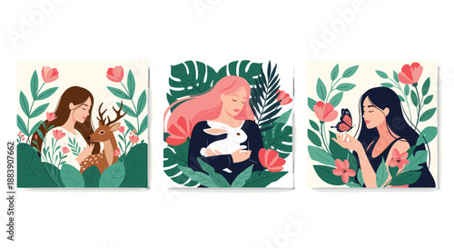 Three distinct panels showing beautiful women bonding with a deer, a white rabbit, and a butterfly in floral forest settings.