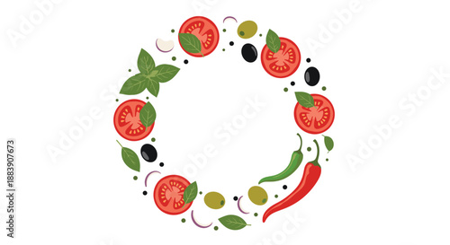 Decorative circular wreath composed of fresh Mediterranean ingredients like tomatoes, green basil leaves, and black olives.