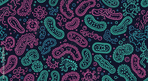 Seamless pattern of colorful bacteria, viruses, and various microbes in different shapes and sizes on a dark blue background.