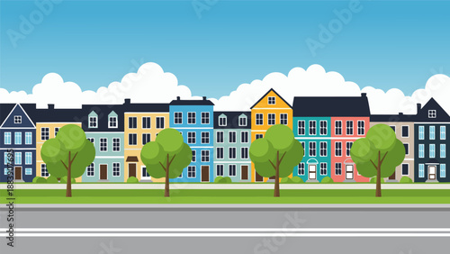 Colorful residential street in a charming town - vector illustration
