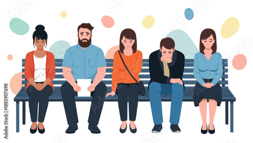 A vector illustration of diverse people sitting on a bench expressing various emotions, a relatable scene of waiting and anticipation