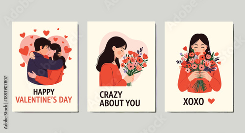 Selection of three Valentine Day cards showing romantic couples hugging and holding beautiful and vibrant flower bouquets.