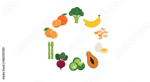 Circular arrangement of various nutritious foods including vegetables, fruits, eggs, and beans for a healthy diet plan.