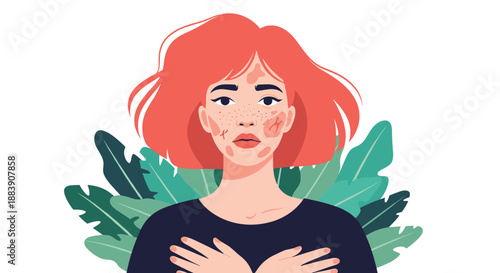 Emotional portrait of a sad woman with facial skin blemishes and scars expressing distress and self-consciousness.