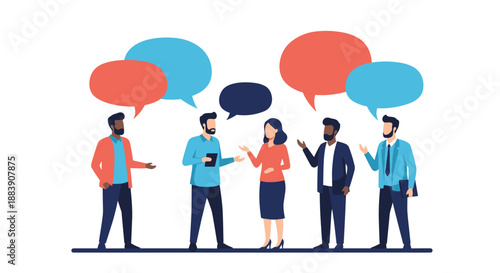 Group of diverse business professionals standing and engaging in a meaningful conversation with colorful speech bubbles.