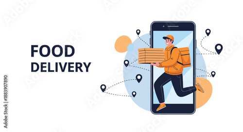 Fast food delivery concept with a courier person running out of a smartphone screen carrying multiple stacked pizza boxes.