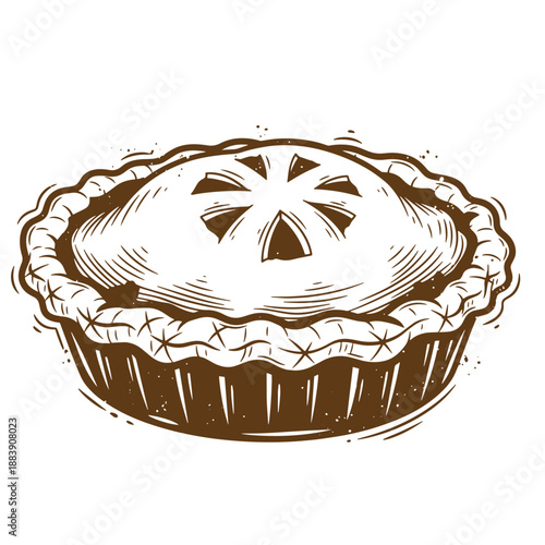 Drawing Vintage grunge  texture Brown pie with crimped crust and decorative top crust design on white background