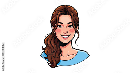 Cartoon portrait of a smiling young woman with long brown hair tied in a side ponytail