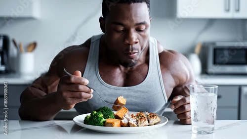 Muscular Man Eating Healthy Meal With Chicken, Sweet Potato and Broccoli