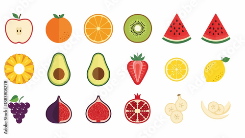 Assorted Fruits and Vegetables in Grid Pattern.