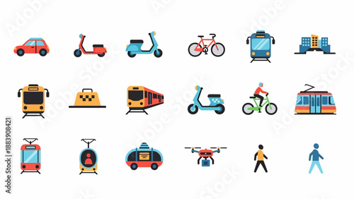 Collection of Transportation Icons and Vehicles.