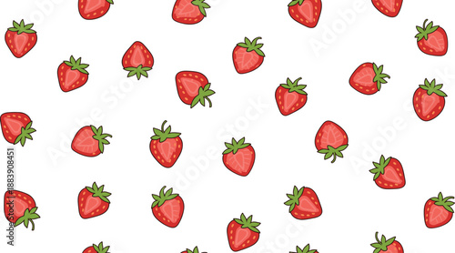 Cute strawberry pattern vector illustration with fresh red berries scattered on white background in playful cartoon style